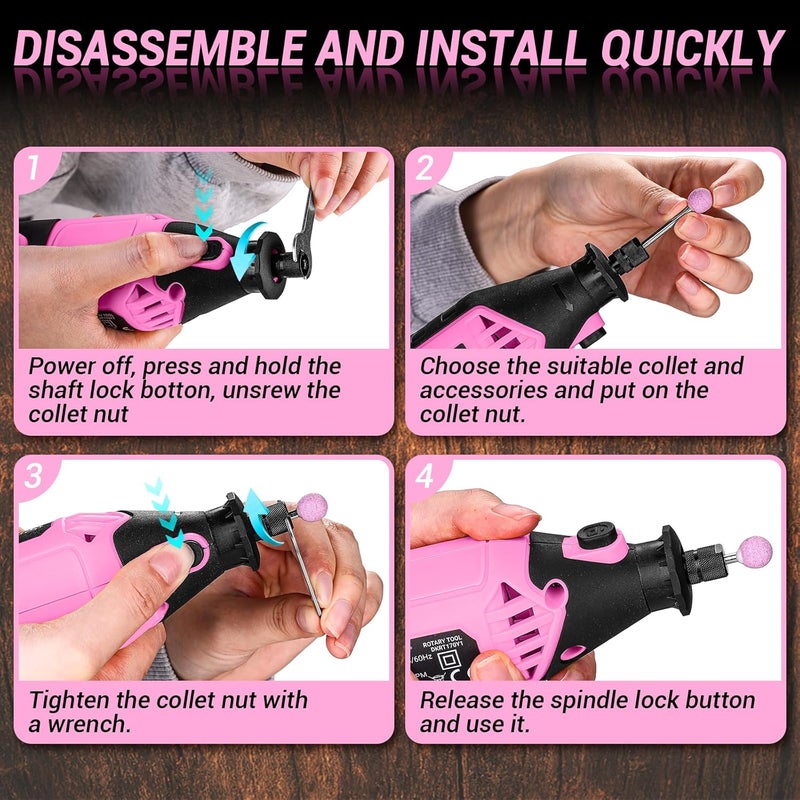 DEKOPRO Rotary Tool Kit: Power Hand Rotary Tools Mini for Wood/Metal, Electric Grinder Drill Machine Set with Flex Shaft for Carving, Cutting, Sanding, Grinding, Polishing, Engraving Pink - Image 5